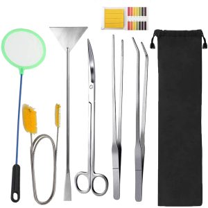 7-in-1 Stainless Metal Aquarium Aquascaping Software Equipment – Tweezers, Scissors, and Scrapers for Aquarium Upkeep and Plant Care