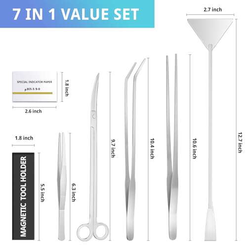 7-Piece Premium Aquascaping Device Set for Aquariums - Consists of Lengthy Tweezers, Sand Spatula, Plant Trimming Scissors, and Magnetic Strip