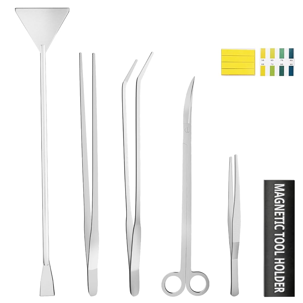 7-Piece Premium Aquascaping Device Set for Aquariums – Consists of Lengthy Tweezers, Sand Spatula, Plant Trimming Scissors, and Magnetic Strip