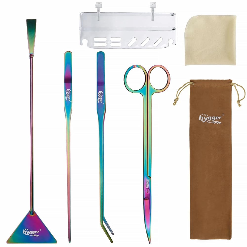 hygger 6-in-1 Premium Aquascaping Instruments Equipment for Aquariums, That includes Stainless Metal Tweezers, Scissors, and Spatula, Consists of Instrument Holder and Cleansing Fabric, Perfect for